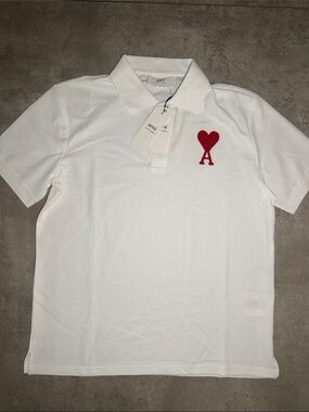 Ami White Polo with Red Heart A Logo Embroidery